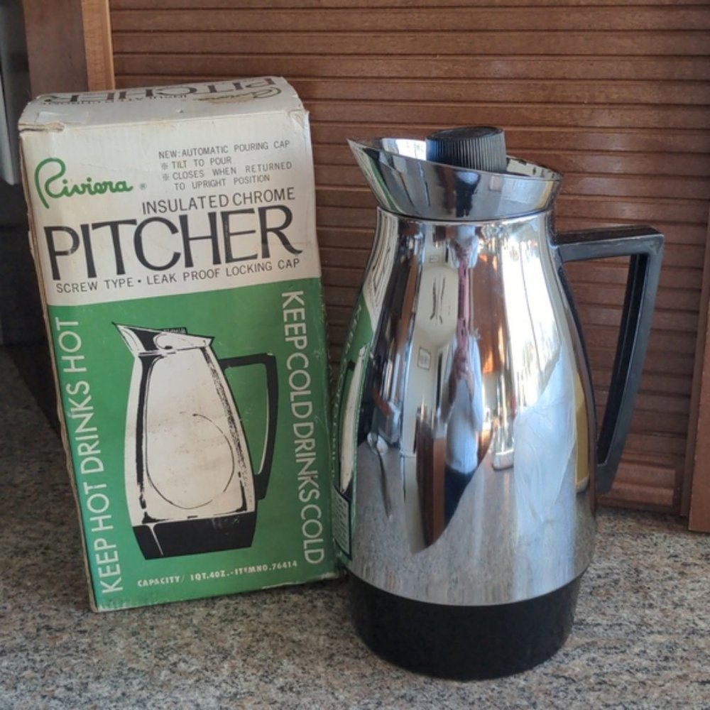 Vintage Riviera Insulated Chrome Pitcher 1 Quart Never Used Original Box